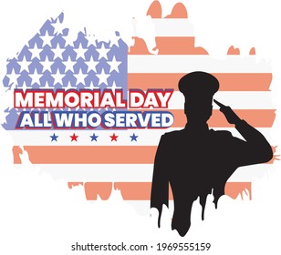 USA Memorial Day All who served greeting card with brush stroke background in United States national flag colors. Vector illustration.