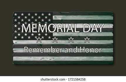 USA Memorial Day. American flag banner in dark colors with stars and text. Remember and honor. Stock vector