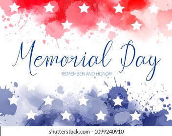 USA Memorial day background. Abstract grunge watercolor paint splashes in flag colors with text. Template for holiday banner, invitation, flyer, etc.