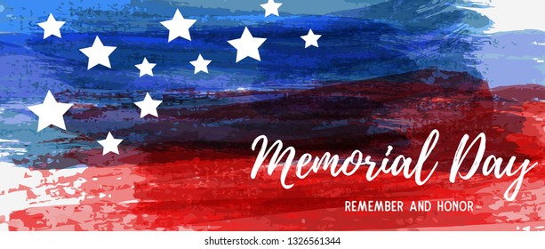 USA Memorial day background. Abstract grunge watercolor grunge brushed background in flag colors with text. Template for holiday banner, invitation, flyer, etc.