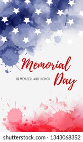 USA Memorial day background. Abstract grunge watercolor paint splashes in flag colors with text. Template for holiday banner, invitation, flyer, etc.