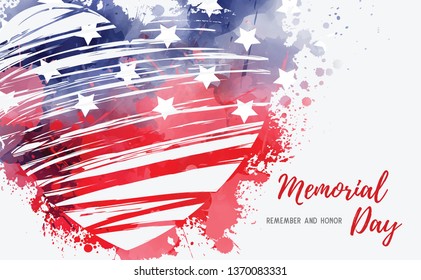 USA Memorial day background. Abstract grunge watercolor flag in grunge heart shape. Template for holiday banner, invitation, flyer, etc.