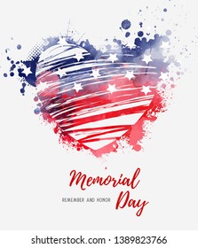 USA Memorial day background. Abstract grunge watercolor flag in grunge heart shape. Template for holiday banner, invitation, flyer, etc.