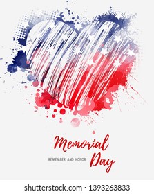 USA Memorial day background. Abstract grunge watercolor flag in grunge heart shape. Template for holiday banner, invitation, flyer, etc.