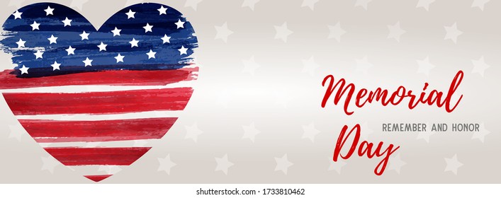 USA Memorial day background. Abstract grunge watercolor flag in grunge heart shape. Template for holiday banner, invitation, flyer, etc.