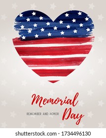 USA Memorial day background. Abstract grunge watercolor flag in heart shape. Template for holiday banner, invitation, flyer, etc.