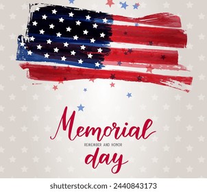 USA Memorial day background. Abstract grunge brushed flag of United States of America with handwritten modern calligraphy text.