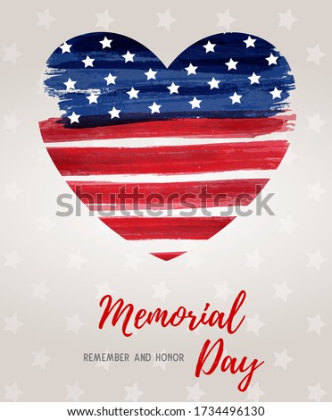 USA Memorial day background. Abstract grunge watercolor flag in heart shape. Template for holiday banner, invitation, flyer, etc.