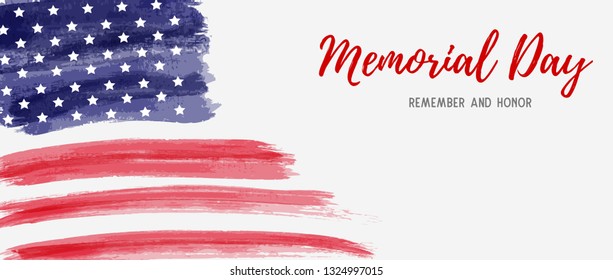 USA Memorial day background. Remember and honor. Abstract grunge brushed flag with text. Template for horizontal banner.