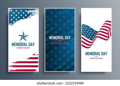 USA Memorial Day celebrate flyers set with national flag of the United States. Remember and Honor. United States national holiday vector illustration.