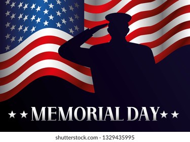 USA Memorial day colorful card military silhouette over flag vector digital image illustration