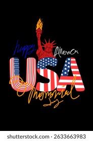 USA Memorial Day design with the Statue of Liberty and bold American flag typography. Great for patriotic posters, shirts, and holiday-themed graphics