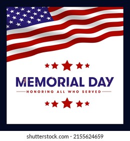 USA Memorial Day greeting card template set with brush stroke background in United States national flag colors. Vector illustration. Honoring all who served.