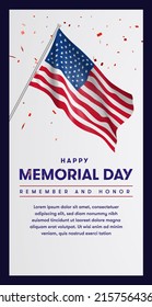 USA Memorial Day greeting card template set with brush stroke background in United States national flag colors. Vector illustration. Remember and honor.