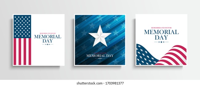 USA Memorial Day greeting cards collection with Silver Star and United States national flag. Remember and honor. United States national holiday vector illustration.