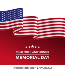 USA Memorial Day, remember and honor of the warriors served the country. Poster, card design.  Waving flag and stars. Vector illustration.