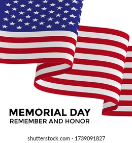 USA Memorial Day, remember and honor of the warriors served the country. Poster, card design.  Waving flag and stars. Vector illustration.