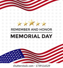 USA Memorial Day, remember and honor of the warriors served the country. Poster, card design.  Waving flag and stars. Vector illustration.