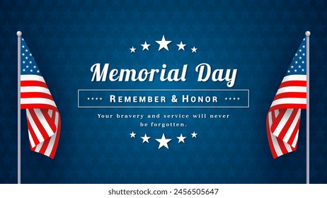 USA Memorial Day, Remember and Honor vector illustration. American flag pole on navy blue star pattern background