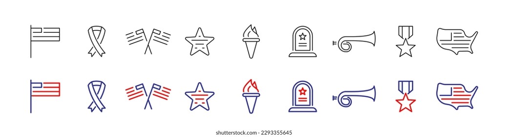 USA memorial veteran day line icon set isolated illustration