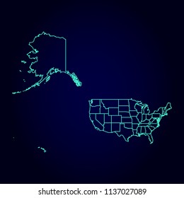 USA Mercator map: blue glitter outline with sparkling stars on dark background. Detailed map of USA Mercator. Vector illustration.