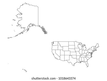 USA Mercator map with country borders, thin black outline on white background. High detailed vector map with counties/regions/states - USA Mercator. contour, shape, outline, on white.