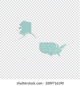 USA Mercator map - High detailed pastel color map of USA Mercator. USA Mercator map isolated on transparent background. Vector illustration eps 10.