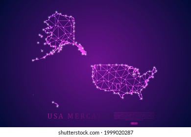 USA Mercator Map mash line and point scales on purple technology background. Wire Frame 3D mesh polygonal network line, design sphere, dot and structure -  Vector illustration eps 10