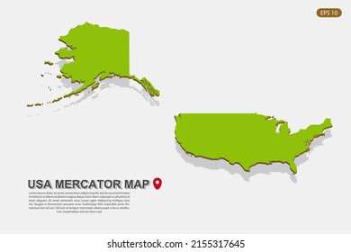 USA Mercator Map - World map International vector template with isometric style including shadow, green and brown color isolated on white background for design - Vector illustration eps 10