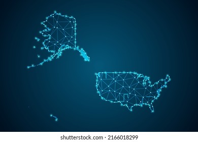 Mapa de Mercator de EE.UU. - Línea de máscaras del Mapa Mundial y escalas de puntos sobre fondo de tecnología azul. Malla 3D del marco de cables línea de red poligonal, esfera de diseño, punto y estructura - Ilustración vectorial eps 10