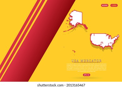 Mapa de Mercator de EE.UU. - Plantilla de vector de mapa mundial con estilo isométrico que incluye sombra, color blanco y rojo sobre fondo amarillo para sitio web, infografía, banner - Ilustración vectorial eps 10