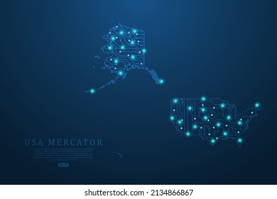 USA Mercator Map - World map vector template with Abstract futuristic circuit board Illustration or High-tech technology mash line and point scales on dark background - Vector illustration ep 10