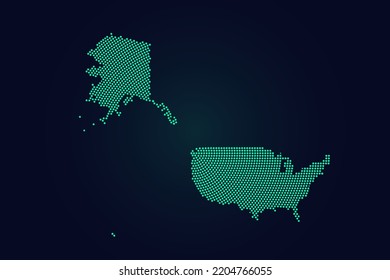 Mapa de Mercator de EE.UU. - Plantilla de vector de mapa mundial con puntos verdes, rejilla, grunge, estilo de medio tono aislado en el fondo oscuro para la educación, infografía, diseño, sitio web - Ilustración vectorial eps 10