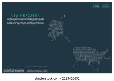 USA Mercator Map - World map vector template with Grey dots, grid, grunge, halftone style isolated on green background for education, infographic, design, website - Vector illustration eps 10
