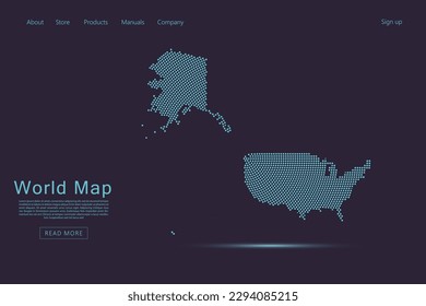 US Mercator Map - Weltkarte, Vektorvorlage mit blauen Punkten, Gitter, Grunge, Halftone-Stil einzeln auf dunkelviolettem Hintergrund für Website, Infografik, Technologiedesign - Vektorgrafik eps10