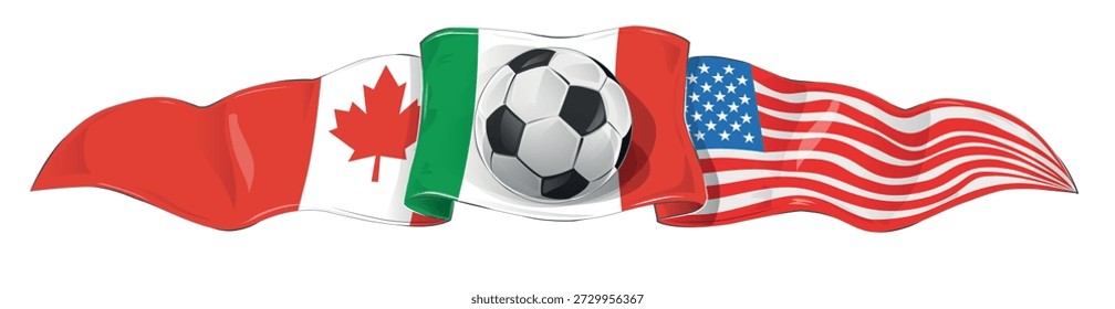  USA, Mexico and Canada flags with soccer ball. vector illustration