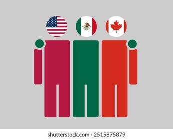 Bandeiras nacionais dos EUA, México e Canadá com corpo abraçante. Ilustração de vetor. Plano de fundo isolado.