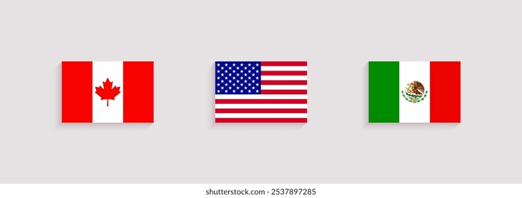 USA, Mexico and Canada official flags vector illustration. United States, Mexican, Canadian traditional flagstaff. Rectangle geometric shape with shadow. North American states national symbols set.