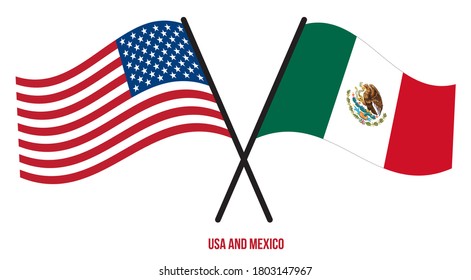 USA and Mexico Flags Crossed And Waving Flat Style. Official Proportion. Correct Colors.