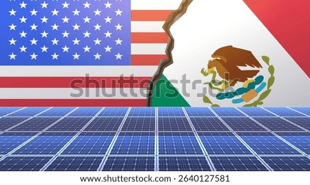 USA Mexico trade war concept with solar panels and torn flags background. Illustrates economic conflict and renewable energy. Ideal for banner or website