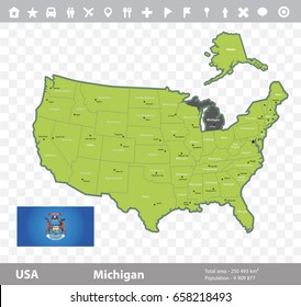 USA Michigan state map and flag vector image