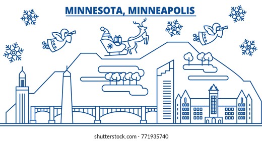 USA, Minnesota , Minneapolis winter city skyline. Merry Christmas and Happy New Year decorated banner. Winter greeting card with snow and Santa Claus. Flat, line vector. Linear christmas illustration