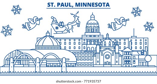 USA, Minnesota, St. Paul winter city skyline. Merry Christmas and Happy New Year decorated banner. Winter greeting card with snow and Santa Claus. Flat, line vector. Linear christmas illustration