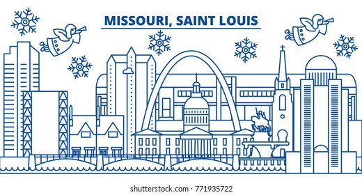 USA, Missouri, Saint Louis winter city skyline. Merry Christmas and Happy New Year decorated banner. Winter greeting card with snow and Santa Claus. Flat, line vector. Linear christmas illustration