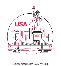 USA - modern vector line travel illustration. Have a trip, enjoy your American vacation. Landmark image. Composition with the statue of liberty, Brooklyn bridge, new York, river in the sky background