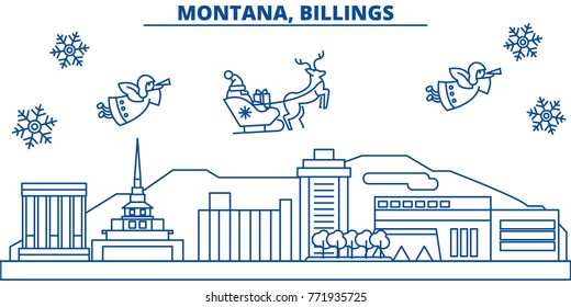 USA, Montana , Billings winter city skyline. Merry Christmas and Happy New Year decorated banner. Winter greeting card with snow and Santa Claus. Flat, line vector. Linear christmas illustration