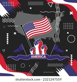 USA National day banner for Independence day with abstract modern design. United States of America map, raised fists and geometric art in flag color theme