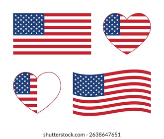 USA national flag and banner heart shape icon set