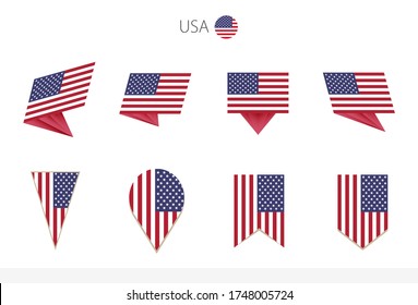 USA national flag collection, eight versions of United States vector flags. Vector illustration.