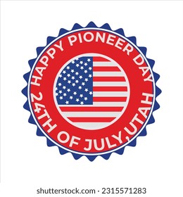 With the USA National Flag and grunge texture, the Happy Pioneer Day Badge, Emblem, Seal, Stamp, Rubber, T-shirt, Sticker, and Label Design are designed in a retro vintage style.